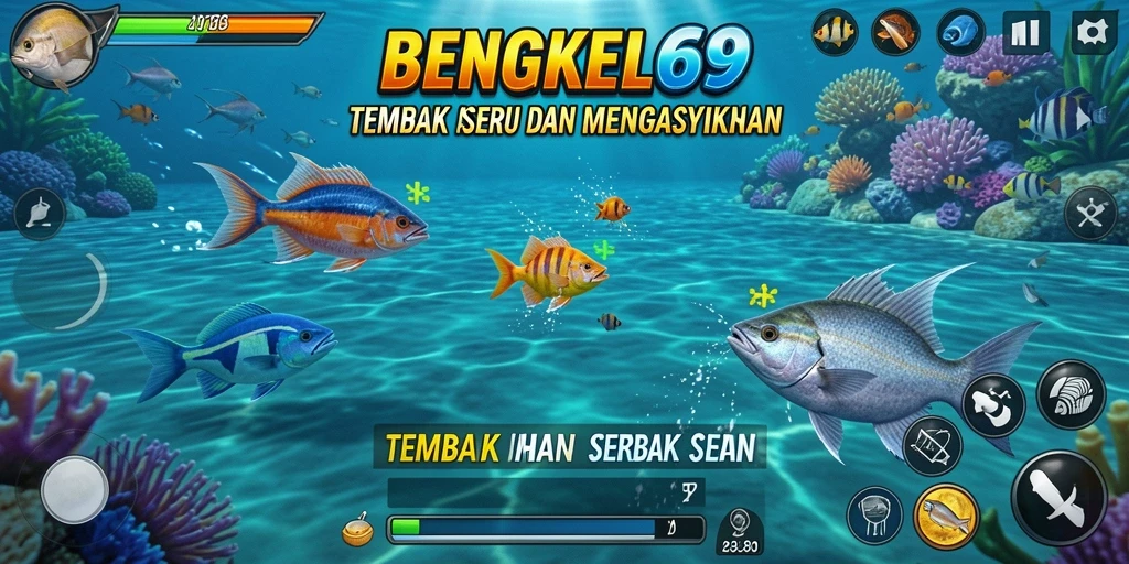 Tangkapan layar BENGKEL69 menampilkan aksi seru dalam permainan Tembak Ikan.