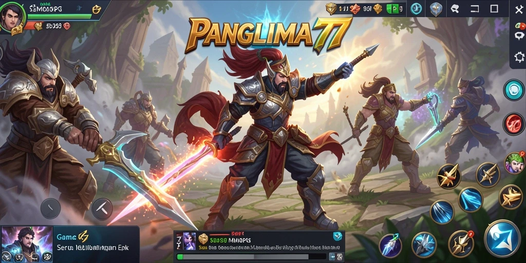 Screenshot gameplay menunjukkan pertempuran epik di dunia <strong>PANGLIMA77</strong>.